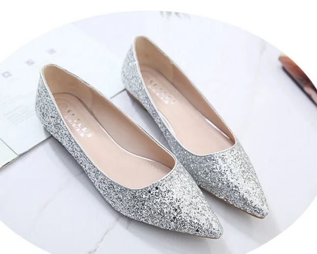 Ladies Sequined Cloth Flats For Wedding Party Pointed Toe Mujer Cover Heel Slip-ons Bling Shoes Plus Size 45 13 34 Gold Silver