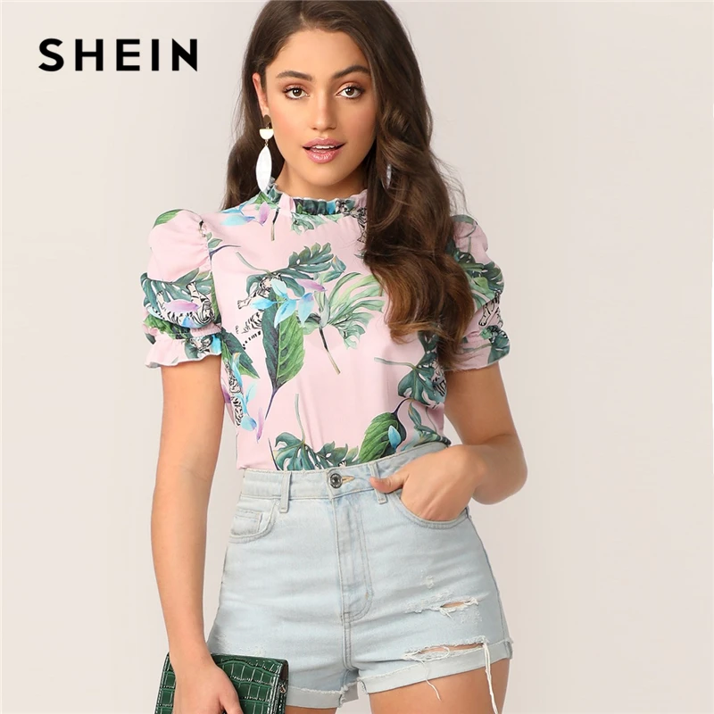 

SHEIN Frill Mock Neck Puff Sleeve Tropical Print Blouse 2019 Swish Women Summer Pink Button Short Sleeve Stand Collar Tops