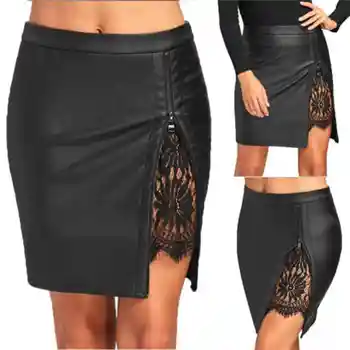 

Fashion Women Casual Patchwork Side Zipper High Waist PU Leather Pencil Short Mini Skirts