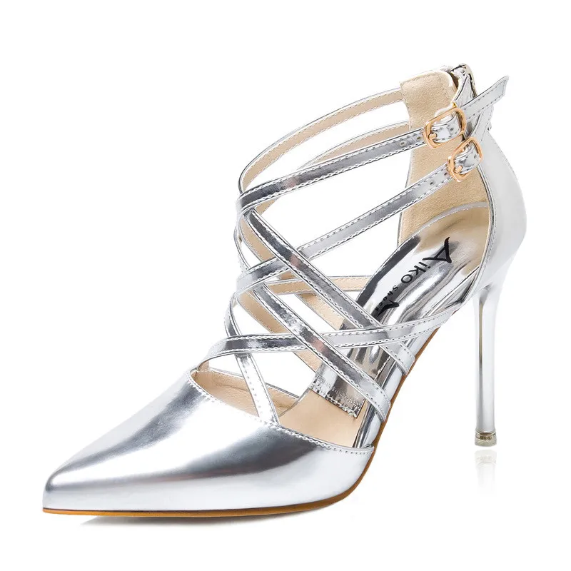 

2019 spring and autumn fashion stiletto with a pointed cross buckle high heel women's shoes silver 0524