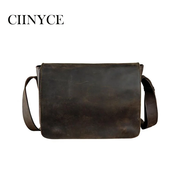 

Genuine Crazy Horse Cowhide Men Messenger For Laptop Male Vintage Cow Leather Brown Chocolate houlder Crossbody Bags Handbags