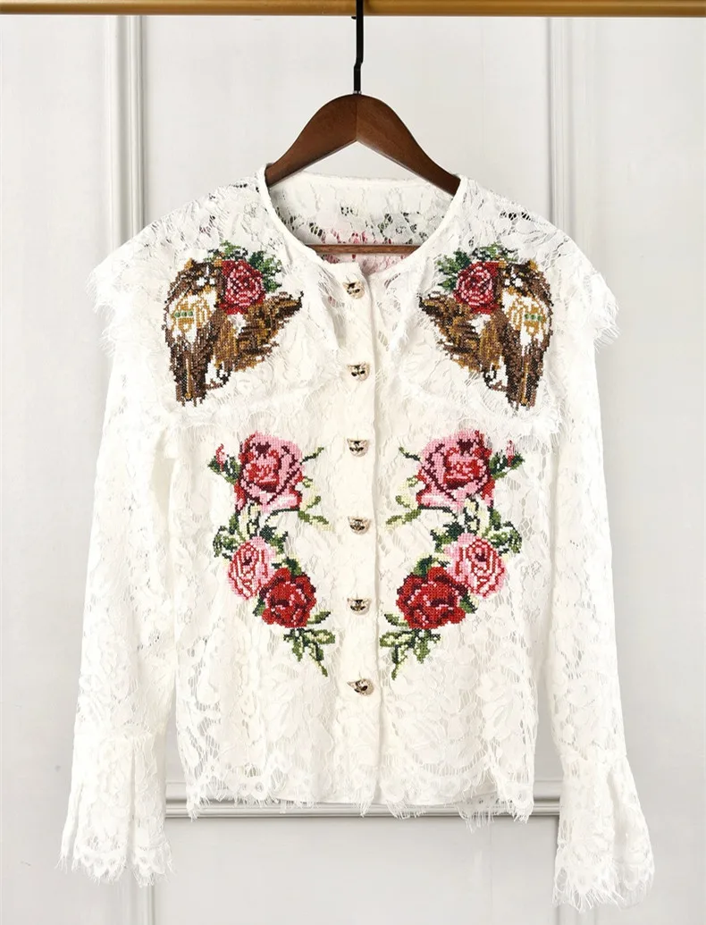 

Spring autumn women's lace shirts Chic embroidered Flare sleeve Shirt Tops A114