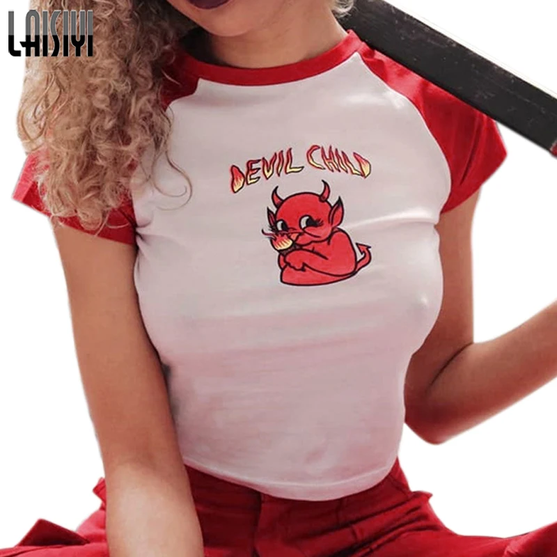 

LAISIYI Women Kawaii Cute Cartoon Printed Tee Shirt Tops Funny Devil Child Print Crop Top Cotton Short Sleeve T-shirt Streetwear