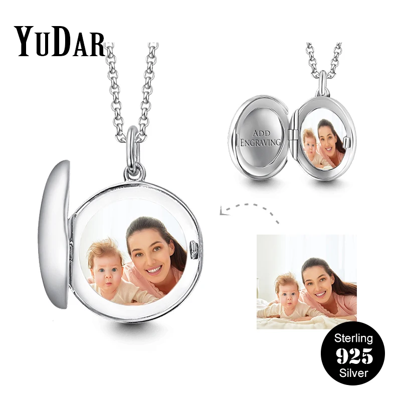 

925 Sterling Silver Personalized Round Locket Photo Necklace Engravable Necklaces Gifts for Family Lovers Girls Friends YDS-1092