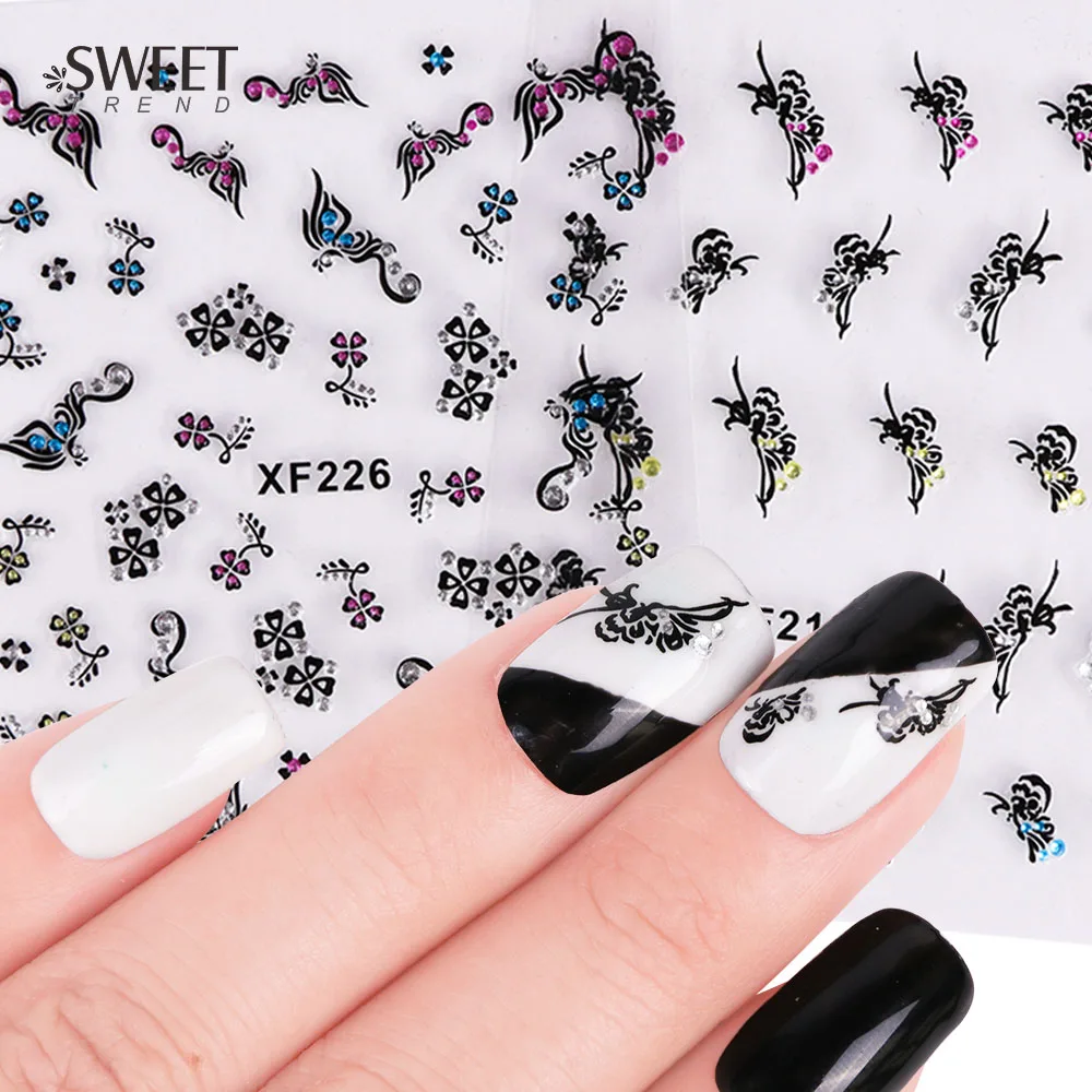 

1 Sheet Black/Blue 3d Nail Art Stickers with Rhinestones Flower Designs Adhesive Manicure Tips Decals Decoration LAXF218-226