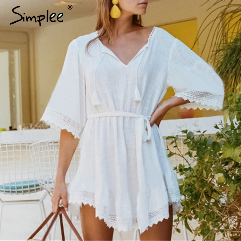 Simplee verano blanco Vestido mujeres algodón línea vestidos sueltos vestidos vacaciones playa señoras 2019 - AliExpress Ropa de mujer