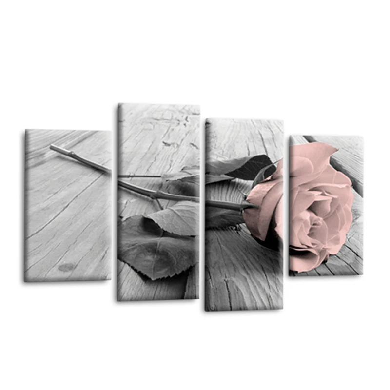 4Pcs Floral Wall Prints Pictures Modular Wall Art Posters Framework Pink Love Rose Paintings for Valentine's Day Home Decor