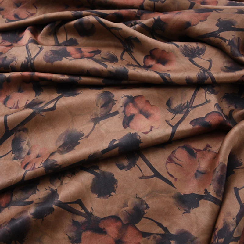 

110CM Wide 22MM Floral Print Brown Handmade Gambiered Guangdong Silk Fabric for Summer Spring Dress H411