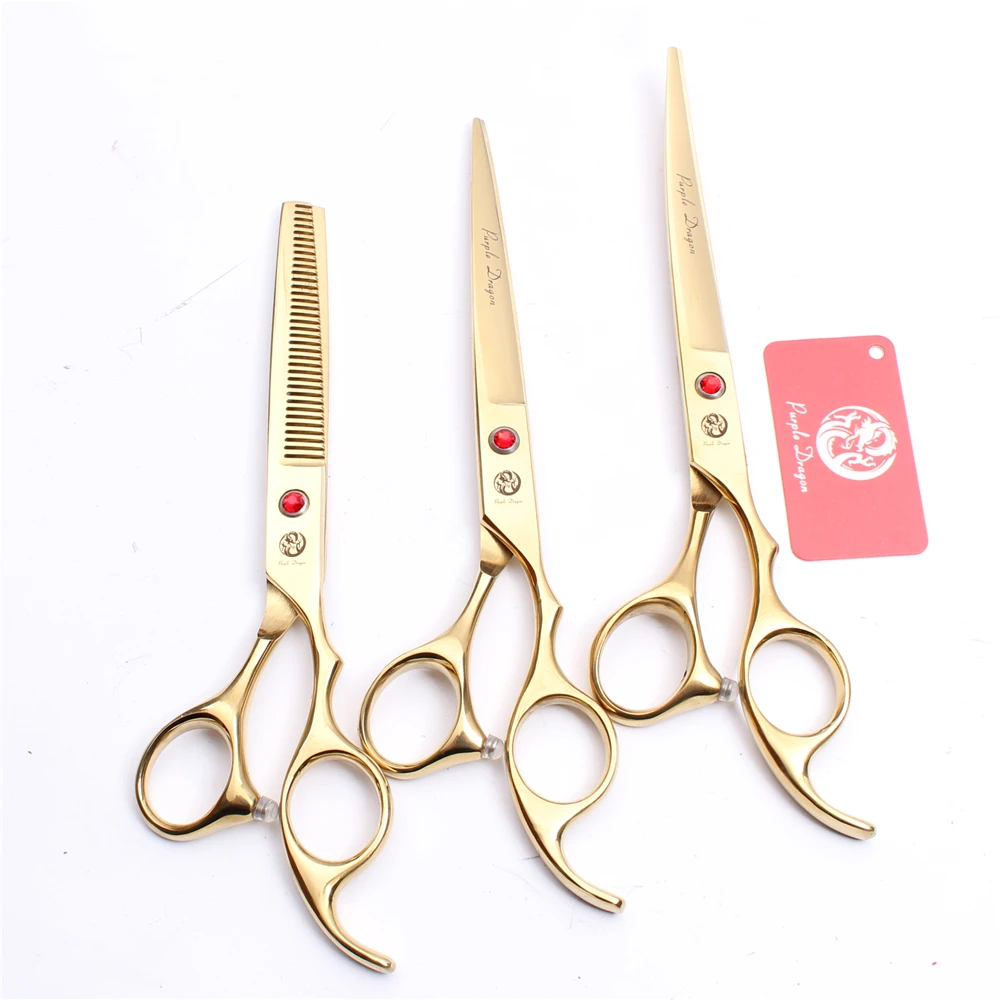 

Z3003 3Pcs 7.0'' Golden Japan Steel Cutting Shears + Thinning Scissors + UP Curving Shears Professional Pets Hair Scissors Suit