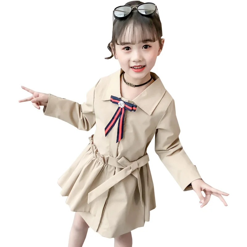 Весенняя элегантная Милая ветровка для девочек детский плащ-Тренч с отворотом и бантом с поясом, плиссированная детская одежда От 3 до 12 лет