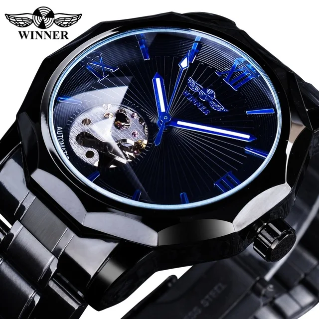 Winner, черные модные мужские механические часы из нержавеющей стали с синими ручками, лучший бренд, роскошные часы с циферблатом неправильной формы, светящиеся стрелки - Цвет: Black Blue