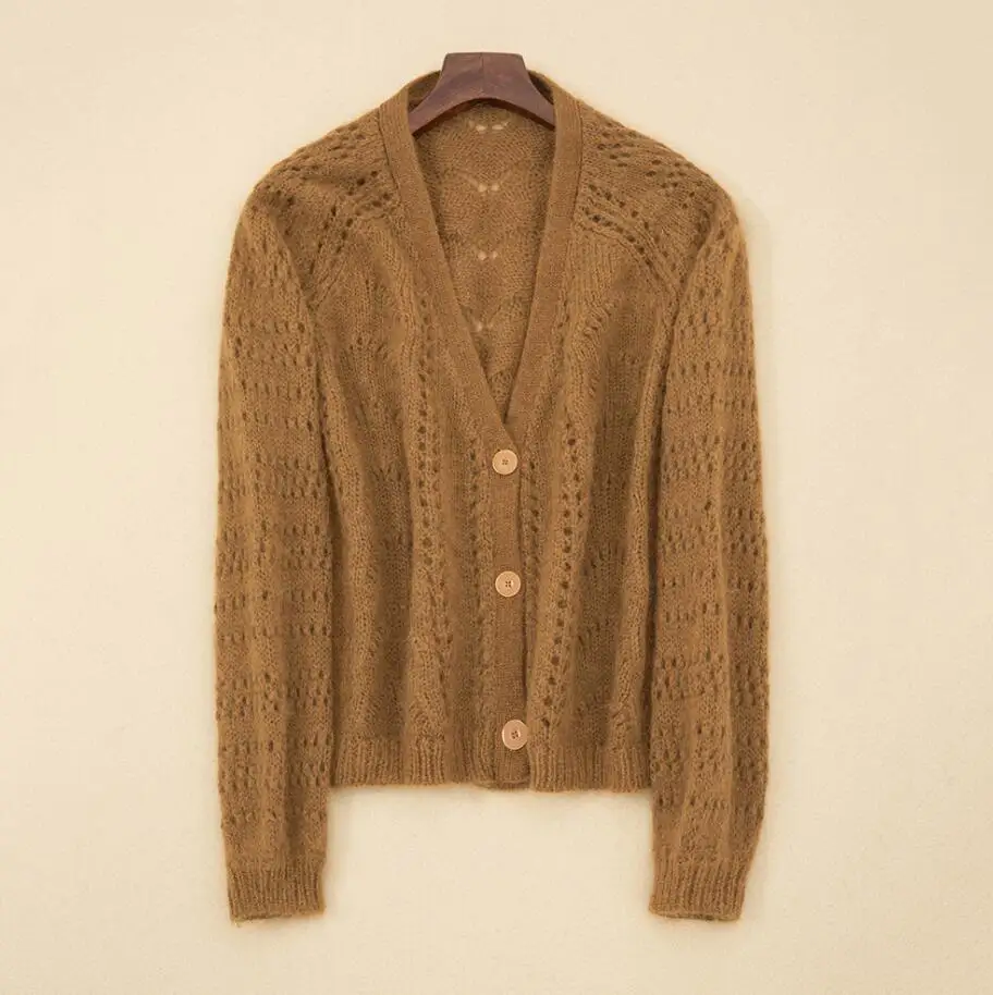 Latest Mohair& Wool Blend Jumper V Neck Hollow Out Button Front Knit Sweater- Female Camel Color Knitting Cardigan Top - Цвет: camel as pic