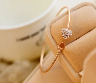 

2019 Hot New Fashion Adjustable Crystal Double Heart Bow Bilezik Cuff Opening Bracelet For Women Jewelry Gift Mujer Pulseras