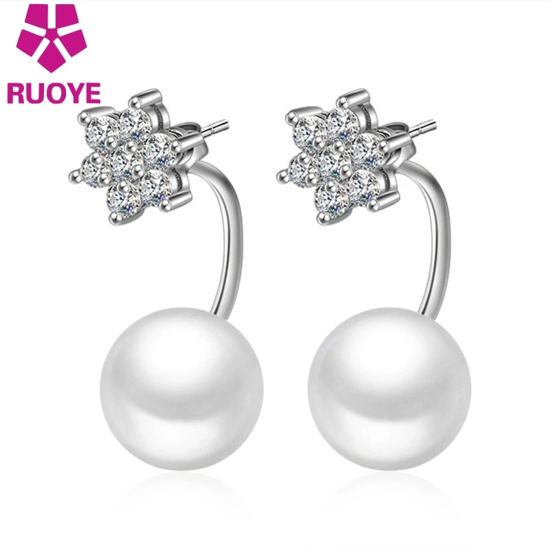 

RUOYE New Simulated Pearl Stud Earring Flower Design Quality Zircon Inlaid Double Earring For Women Silver Plated Jewelry