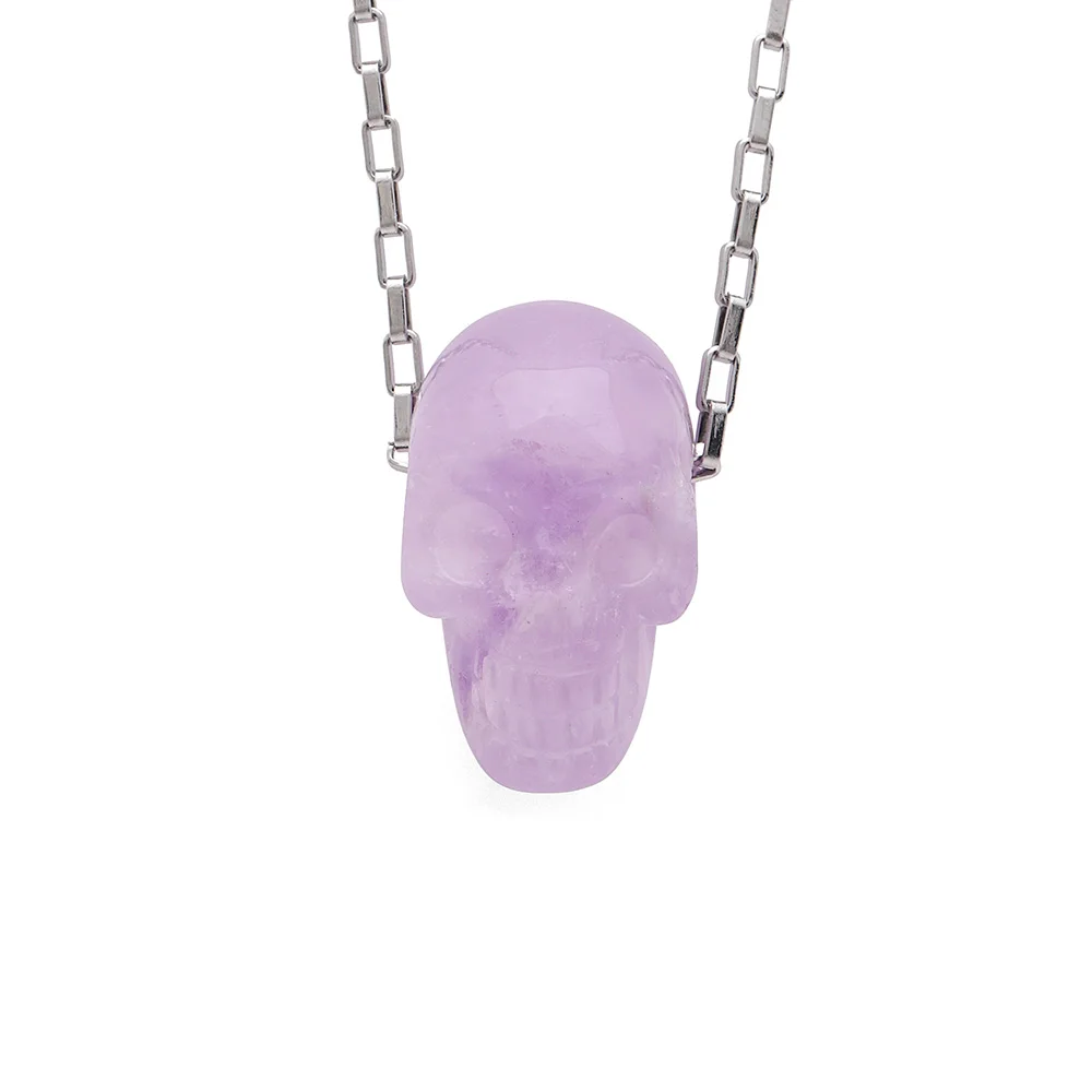 

Seanlov Skull Necklace Punk Stainless Steel Chain Gothic Biker Purple Natural Stone Pendant For Men/Women Party Gifts