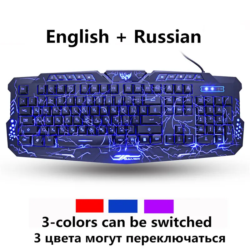 Дешево Русский Английский Gaming Keyboard светодиодный 3 Цвет M200 USB Проводная Цвет Фул дыхание подсветкой Водонепроницаемый компьютер трещины клавиатура