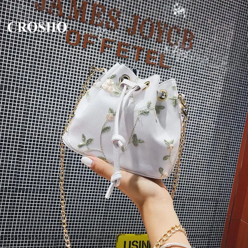 

CROSHO Retro Embroidery Chain Bucket Bag New Handmade Ethnic Style Single Shoulder Cross Lace String
