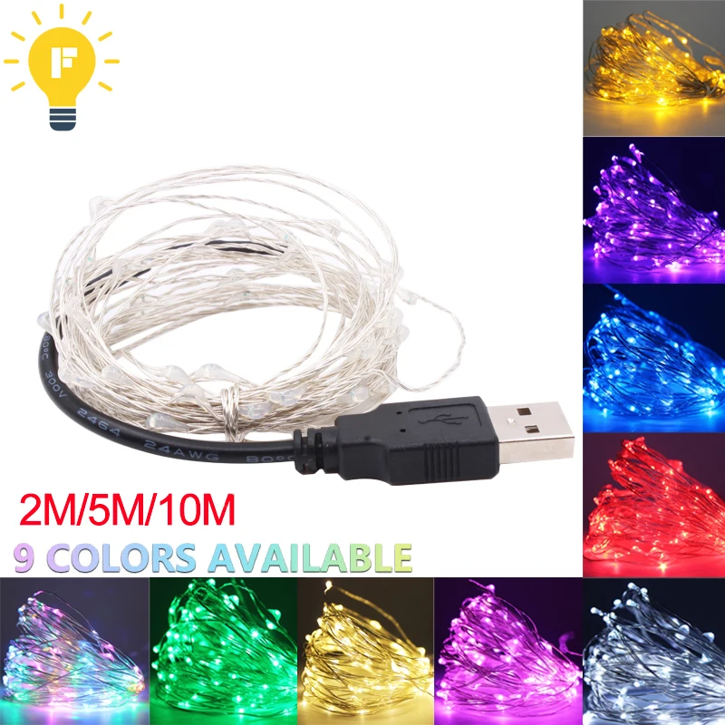 USB LED String Light 10M 5M Waterproof Silver Wire Outdoor Lighting
