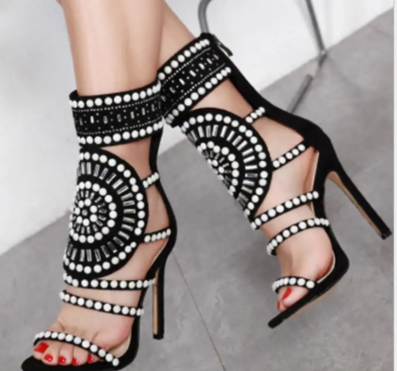 

High Heel Sandals Ethnic Open Toe Rhinestone Design Crystal Ankle Wrap Diamond Gladiator Women Sandals Black Size 35-42 Shoes
