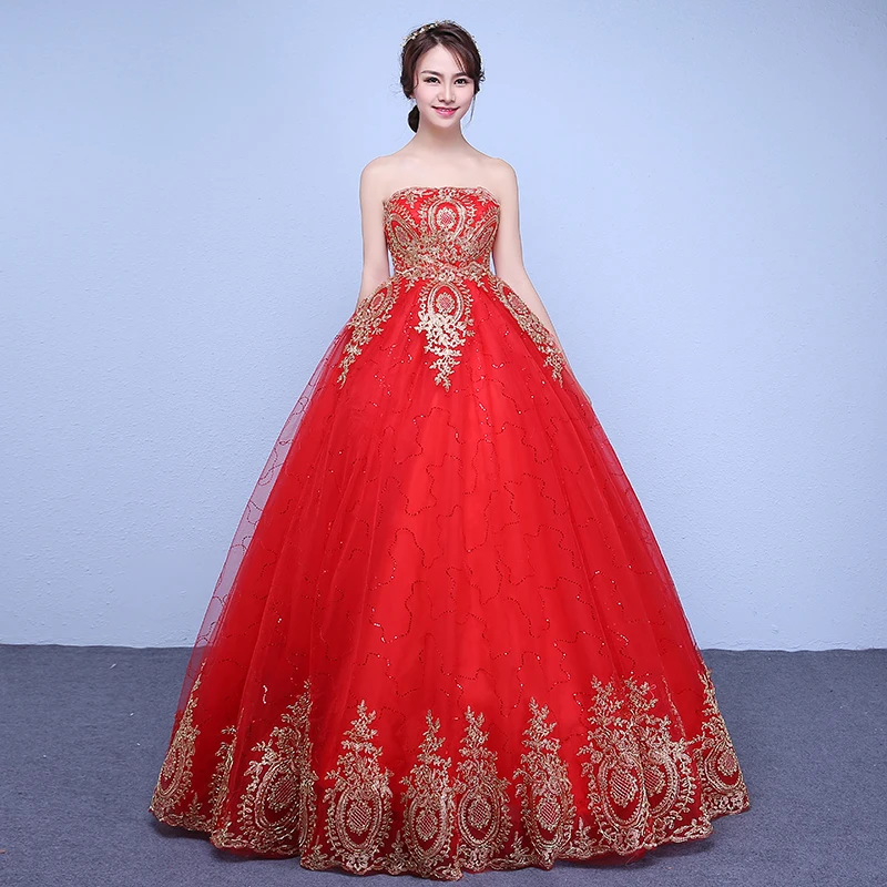 Это Yiya свадебное платье расшитая золотым кружевом Красные Свадебные платья без бретелек Плюс Размер Vestido de novia XXN174