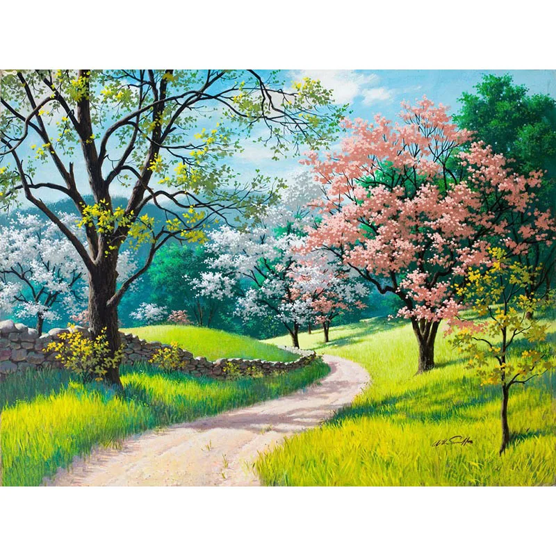 Hand Painted Flowering The Four Seasons Landscape Frameless Oil Painting By Numbers Canvas Picture Acrylic Paint on Canvas 