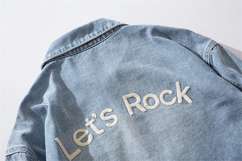 MORUANCLE Fashion Men Hi Street Denim Jackets Streetwear Jeans Trucker Jacket Outerwear Letter Printed Washed Blue Size M-XXL