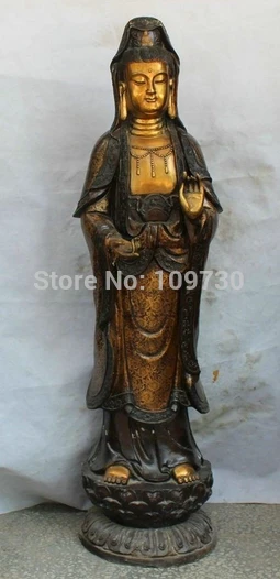 

002074 44 China Bronze Gild Stand lotus Kwan-yin Guan Yin Boddhisattva Goddess Statue