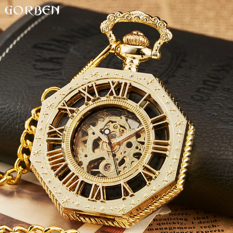 2020 New Classic Hexagonal Mechanical Pocket Watch FOB Chain Steampunk Roman Dial Skeleton Golden Hollow Steel Mens Pocket Watch