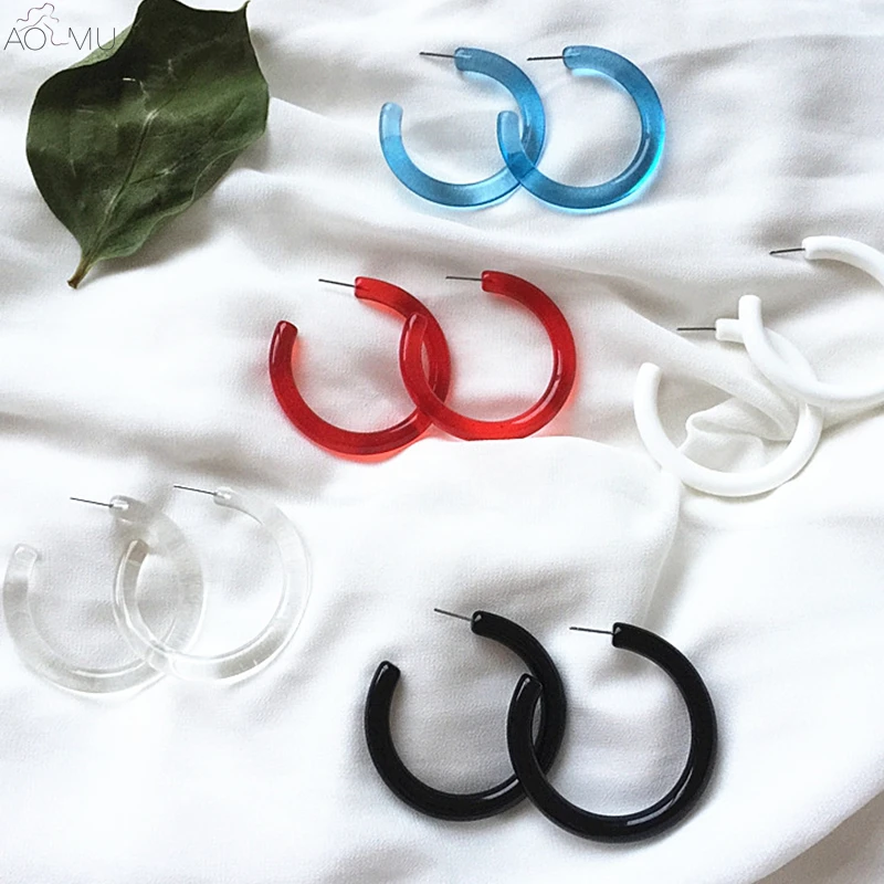 

AOMU 2018 New Fashion Simple Cute Resin Geometry Round Transparent Hoop Earrings for Women Girl Ear Jewelry Brincos