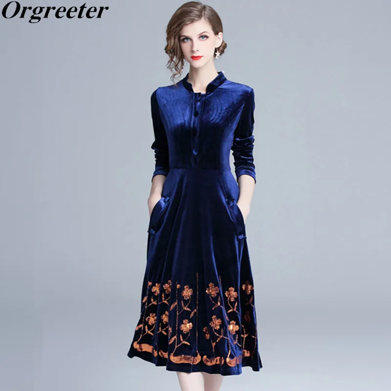 Party Dress Velvet Dress Spring Autumn New Long Sleeve Stand collar OL