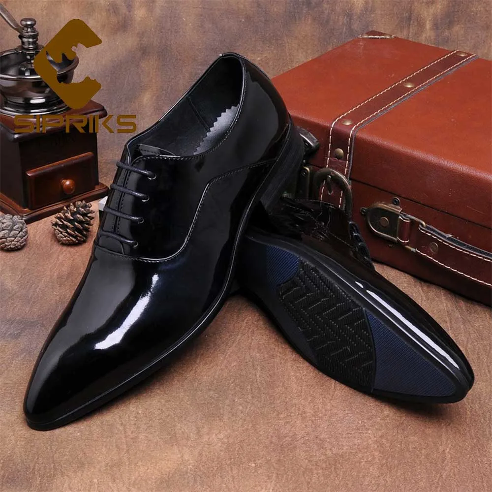 Sipriks/черные модельные туфли из натуральной лакированной кожи; мужские блестящие оксфорды; мужские свадебные мужские туфли с острым носком на шнуровке для танцев