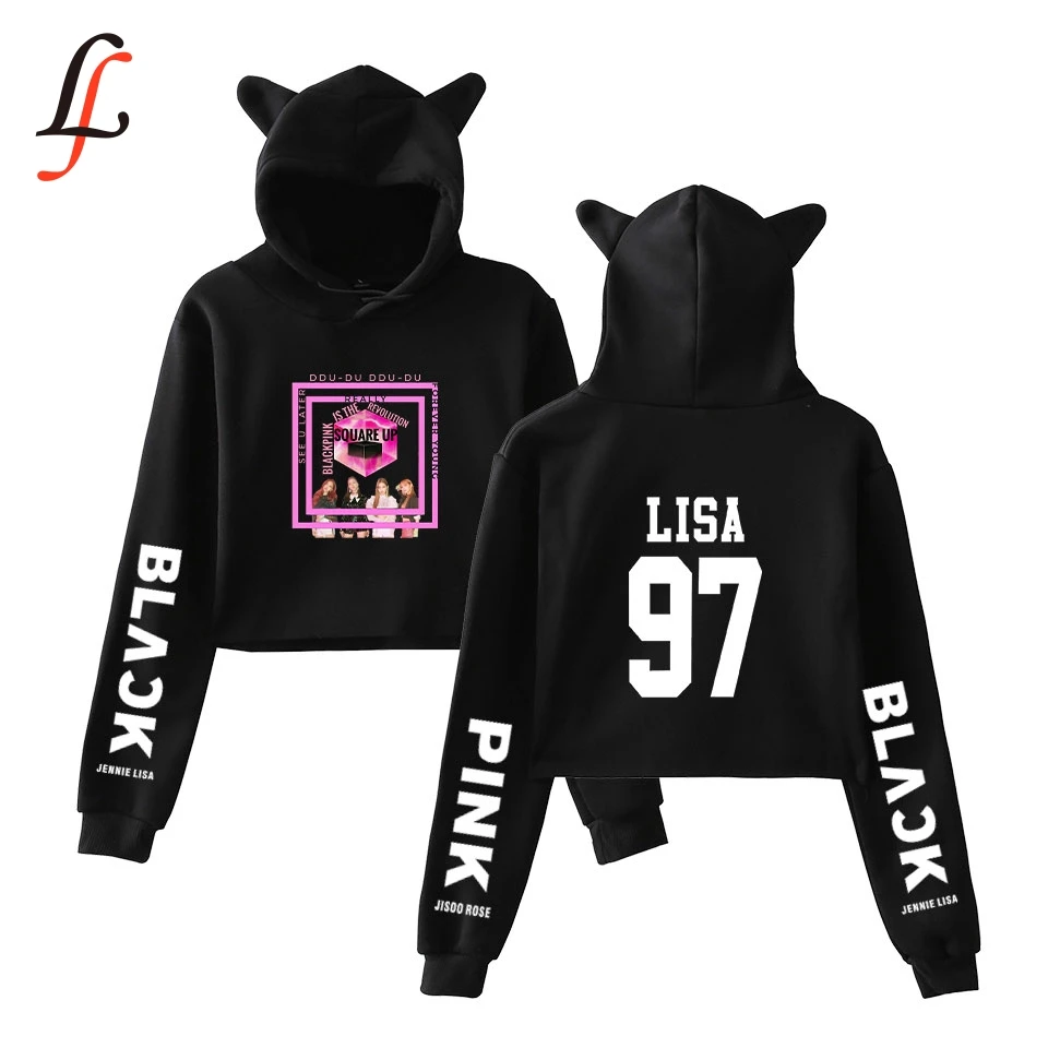 Sexy Cat Ear Cap Hoodies fashion trend sala Cat Crop Blackpink Print Hoodies Sweatshirt Hot Kpop Harajuku Size 2XL