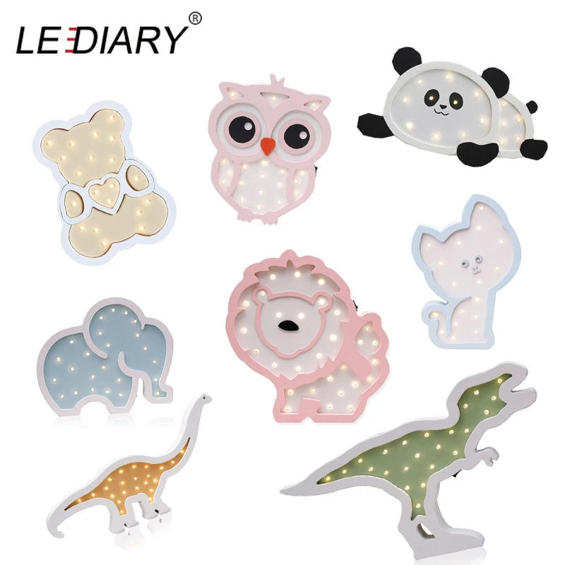 

LEDIARY Animal Wooden Unicorn Night Lights Owl Dinosaur Bear Cat Elephant Room Decor Night Desk Table Lamp Moon Star Multicolor