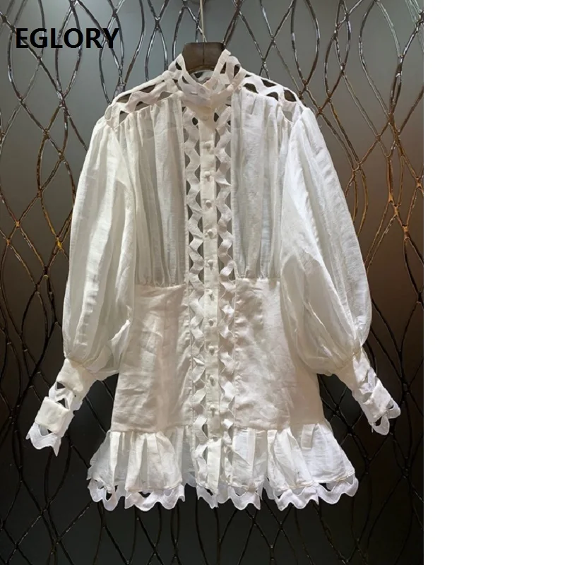 

Hollow Out Dress 2019 Spring High Quality Dress Women Stand Neck Vintage Lantern Sleeve Ruffle Party Short Dress White Black
