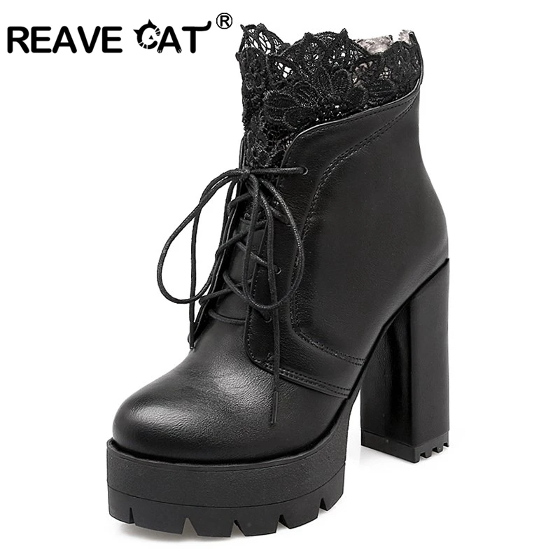 

REAVE CAT Autumn Winter Women Ankle Boots Thick High Heels Lace Up Leather Lace Platform Short Booties New Botas Feminips A361