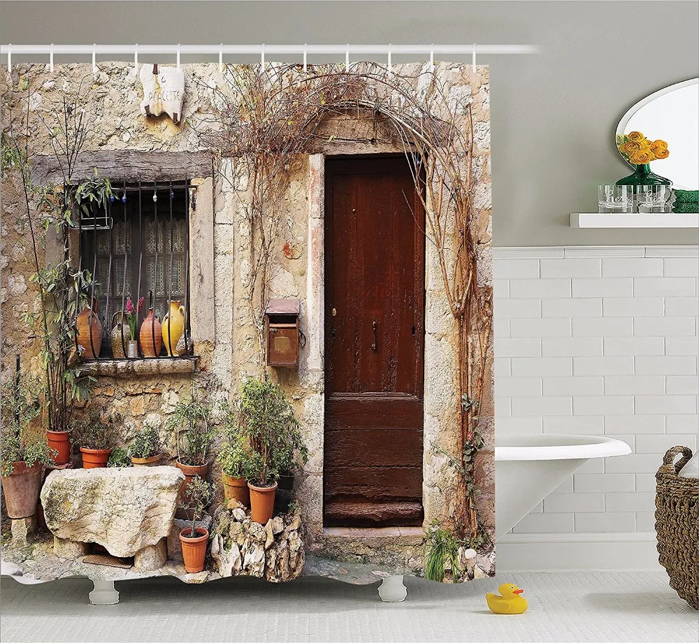 High Quality Arts Shower Curtains Flowerpot Plants In Front Yard French Hilltop Village Bathroom