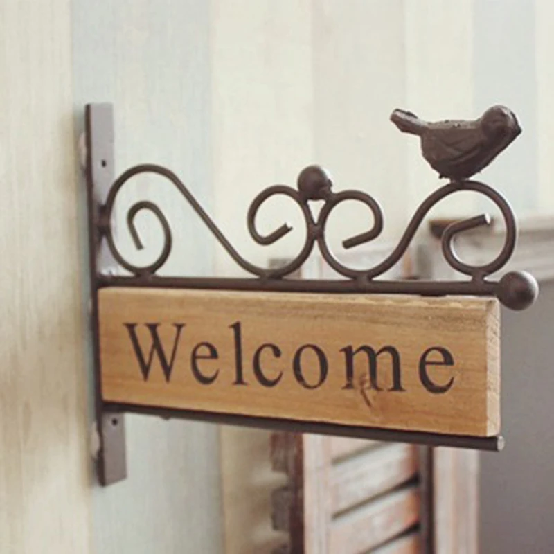 

Welcome Wrought Iron Wood Bird Card Doorplate American Rural Mini Welcome Adornment Photography Props