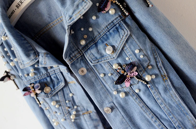 Decal De Denim Vintage Ciel Courts Femmes Manteaux Coupés Printemps Taille La Sauvage Veste Base Pu Perles Manteau Jeans Cardigan Plus dXvq6