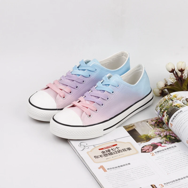 

2019 Shoes Women Spring Autumn Gradient Color Hand-painted Canvas Shoes New Designer Low-top Flat Fashion Casual Lace-up Shoes