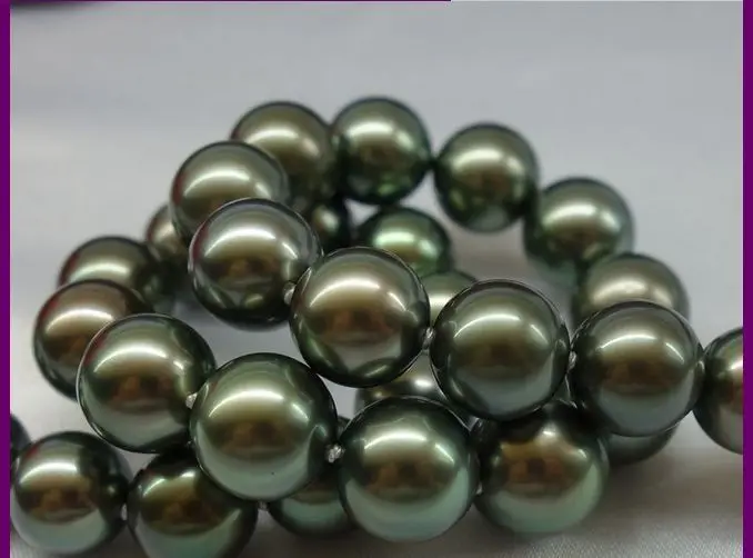 

stunningAAA 12mm south sea black green round pearl necklace 22"silver