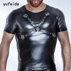 Yufeida модные Для мужчин S из искусственной кожи футболки сексуальные Фитнес Искусственная кожа черный Майки гей одежда хип-хоп Для мужчин