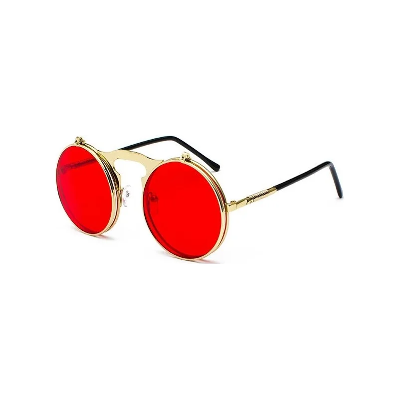 Gold Red Ретро стимпанк Круглый Винтаж Круглый флип-ап солнцезащитные очки для женщин и мужчин в стиле панк Солнцезащитные очки металлическая оправа черные солнцезащитные очки для мужчин UV400 - Цвет линз: Gold Red