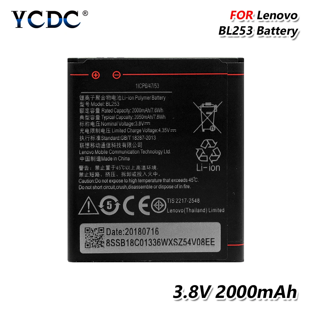 

YCDC 3.8V Li-ion battery Rechargeable 3.8v 2000mah bl253 BL 253 battery for lenovo A2860 A2800D A3800D A3600D lithium battery