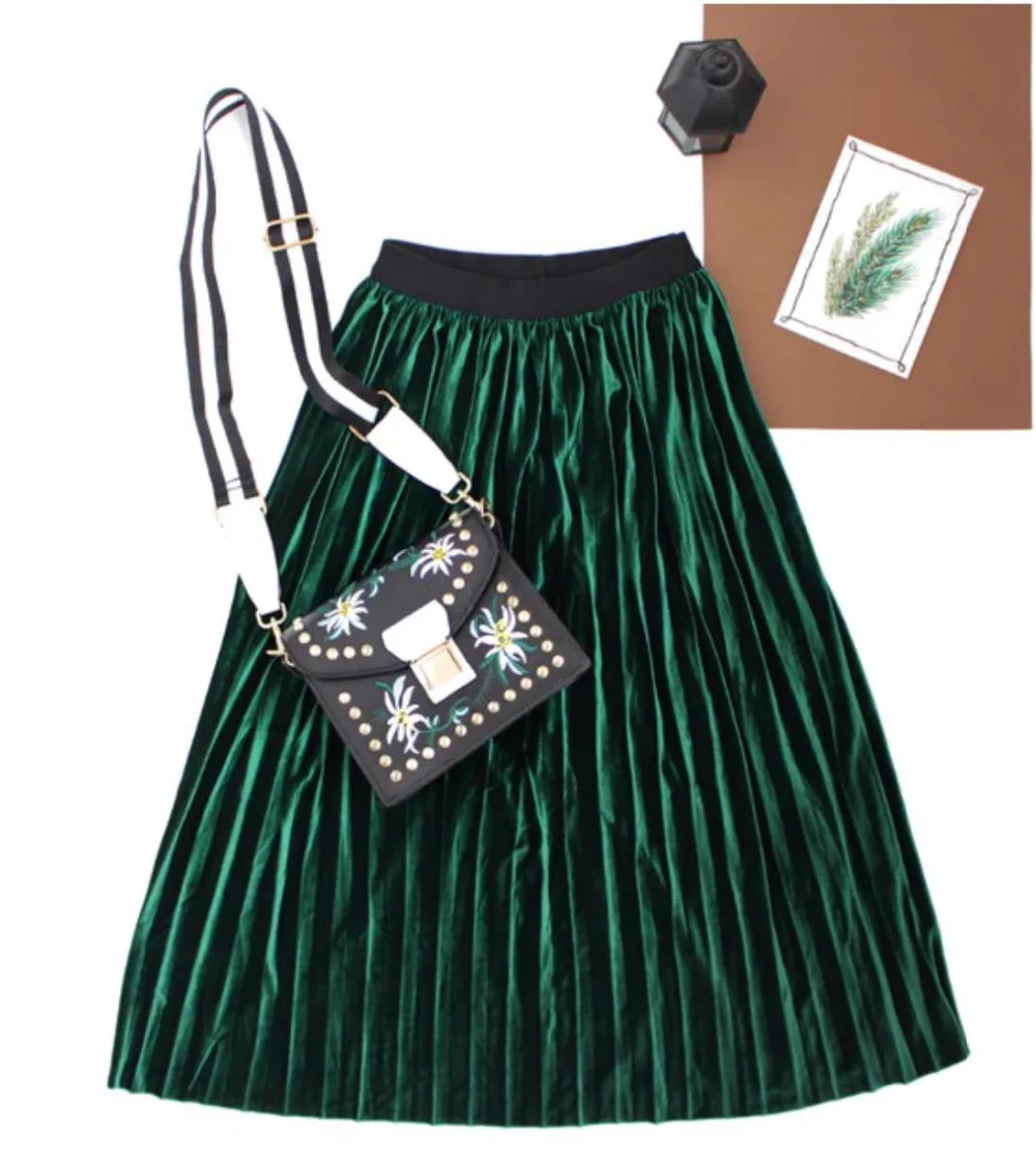 ELEXS осенне-зимняя модная юбка, бархатная плиссированная юбка с высокой талией, Женская однотонная эластичная Весенняя длинная юбка, Женская E7953