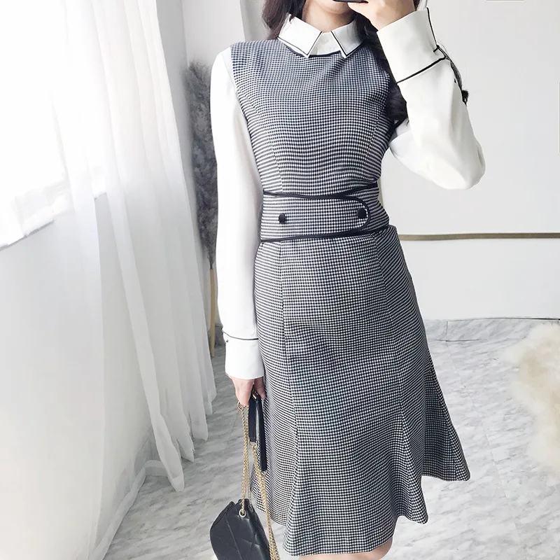 2018 Autumn and Winter Dress Women O Neck Sleeveless Vest Dresses Houndstooth One-piece Slim Bodycon A-line Party Vestidos | Женская