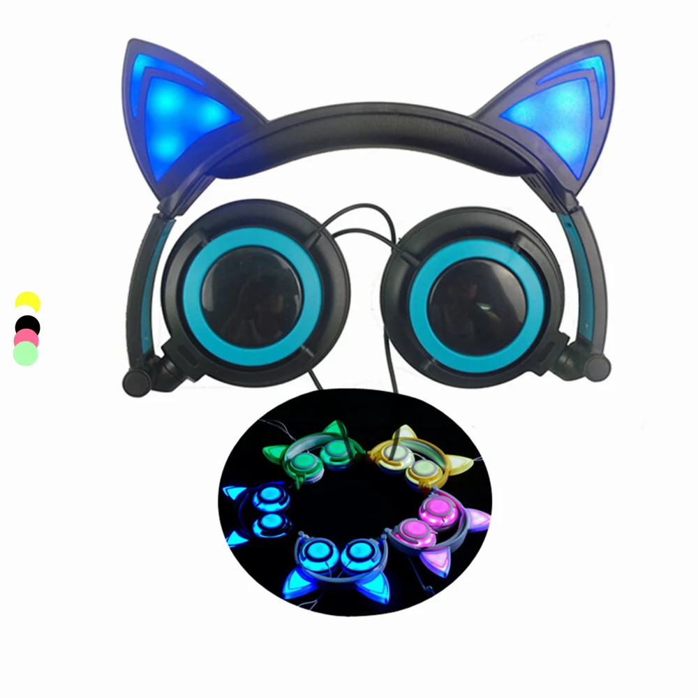 

Foldable Headphone Blue LED Cat Ear for Kids Girl Sub Woofer 3D Stereo Pc Gamer Earphone Neckband MP3 Phone Party Neko Headset