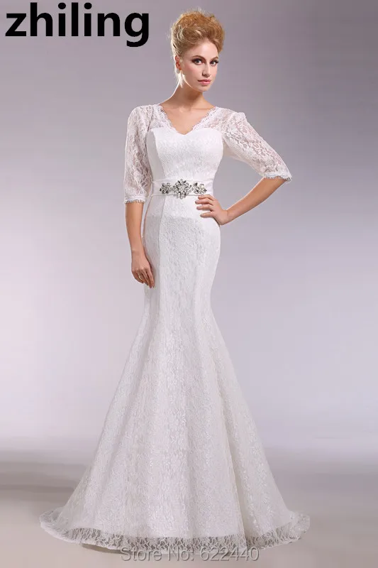 

3/4 Sleeves Lace Mermaid Wedding Dress Puff Sleeves V-neck Bridal Wedding Gown Bride Dress