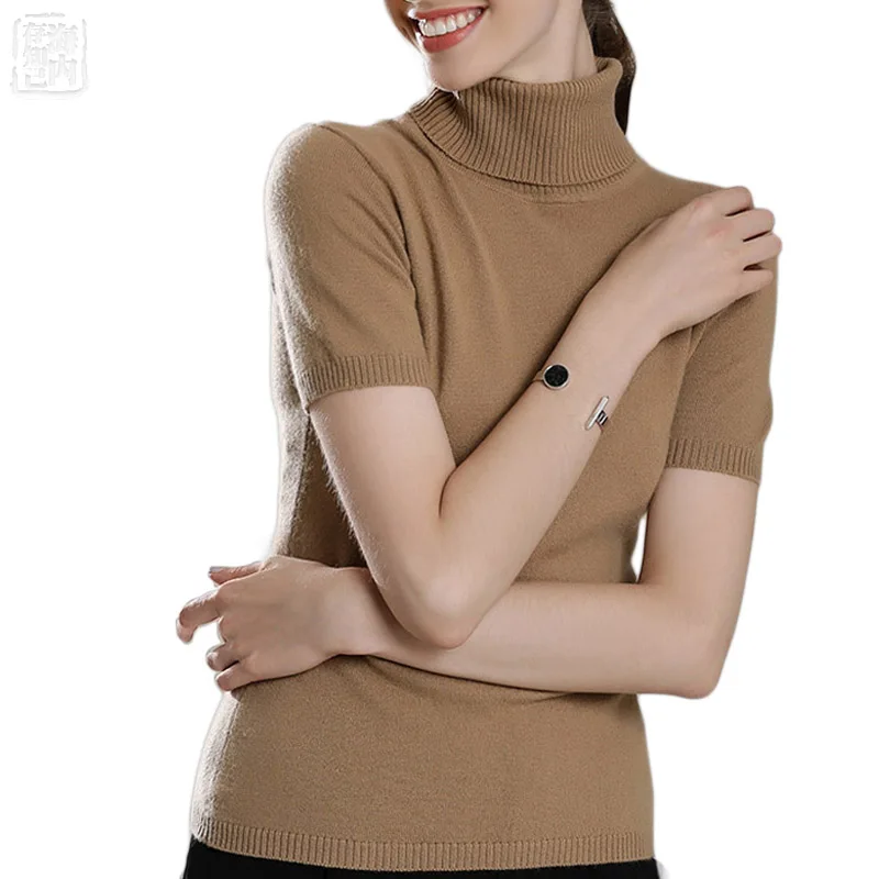 

Women's Real 100% Cashmere Turtleneck Short Sleeve Knitted Pullover Tee Base T Pure Cashmere Brand Sweater Women Jumper
