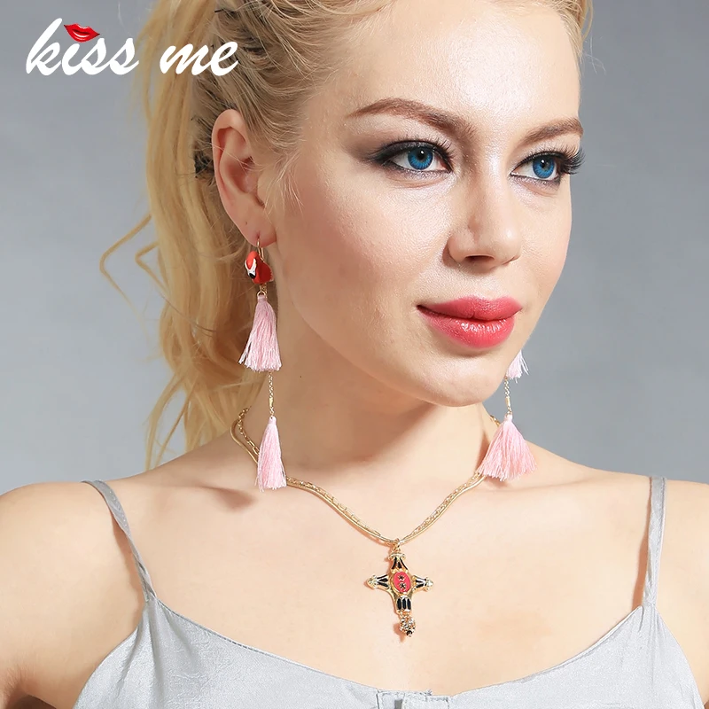 Женские серьги-подвески KISS ME розовые длинные серьги с красной эмалью и фламинго