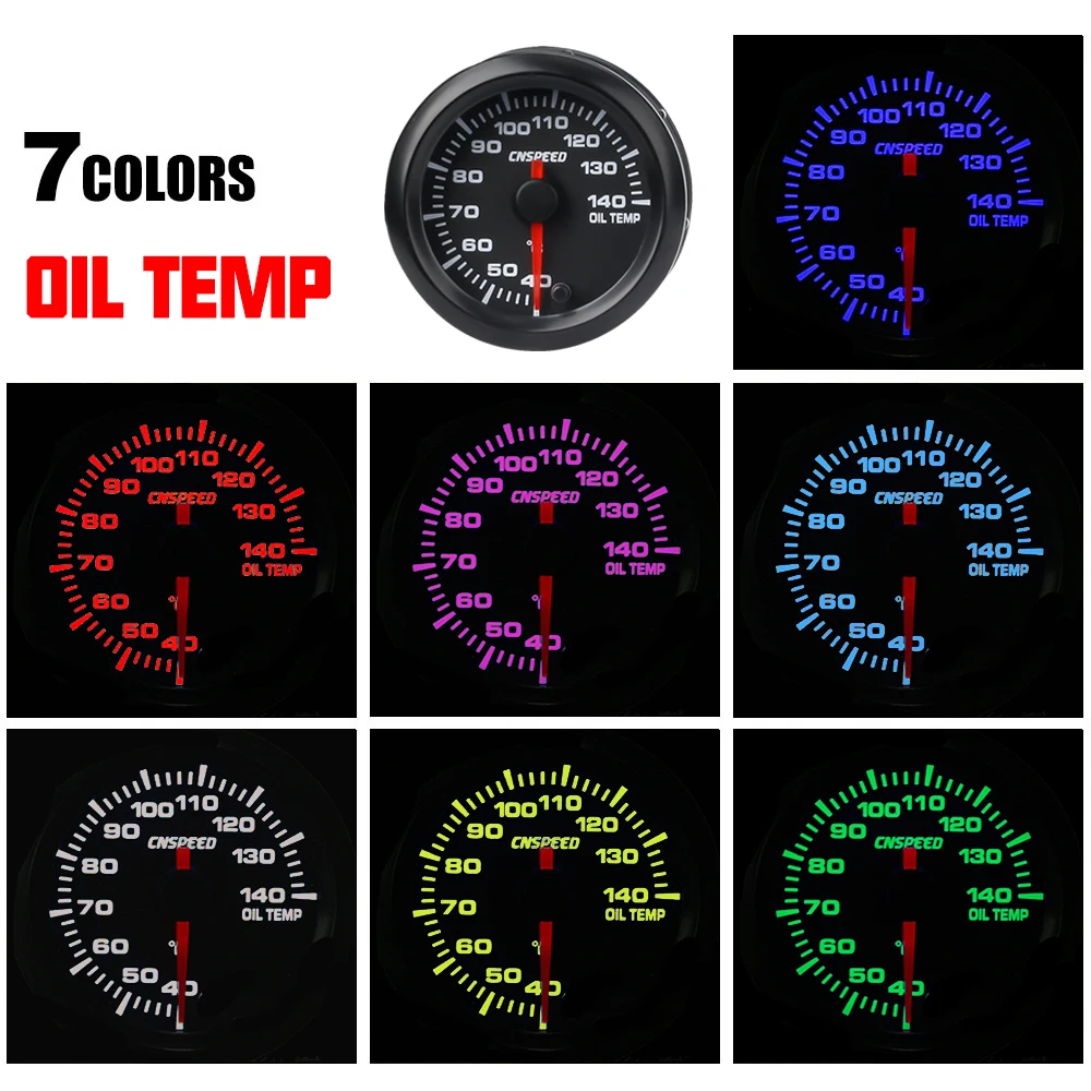 CNSPEED 52mm Car Oil Temperature Gauge LED 7 Colors 40 140 Degree Celsius Temperature Meter High